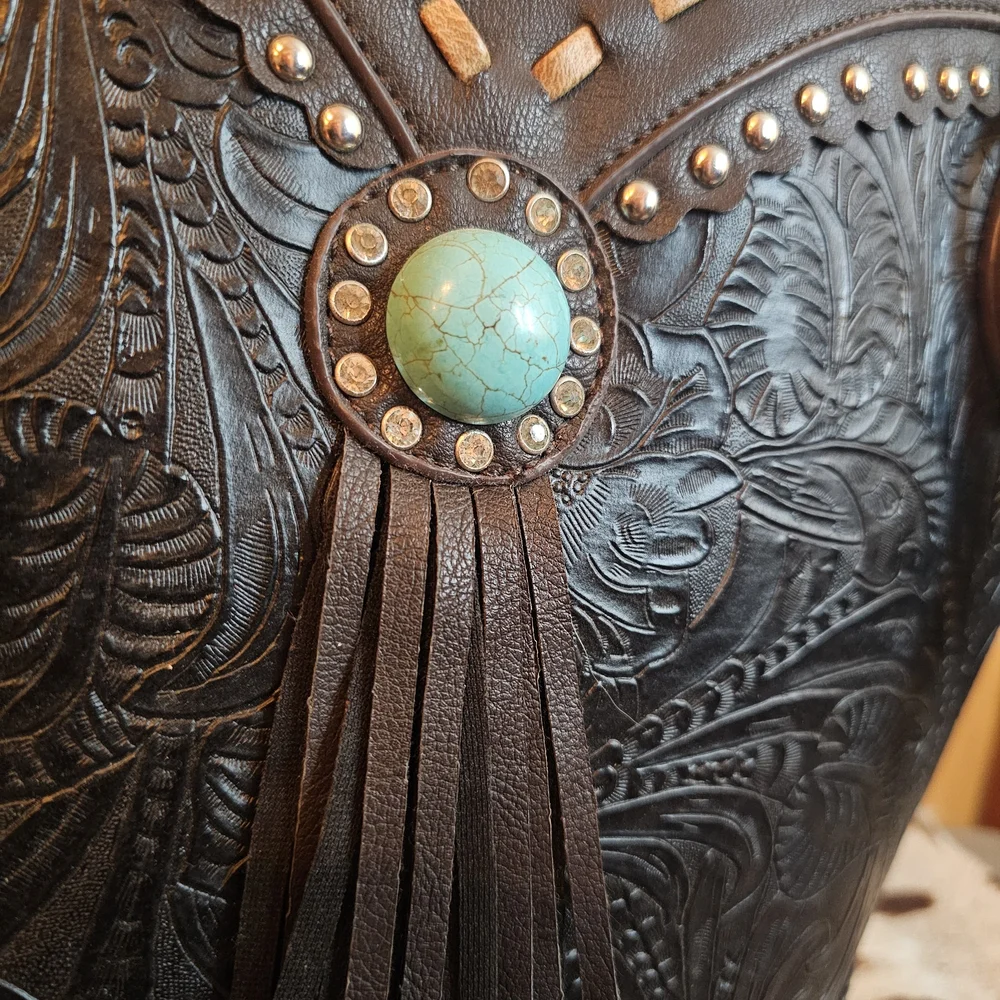 Justin West Embossed Turquoise Fringe Handbag - Picture 2 of 7